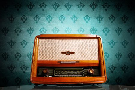 vintage radio on blue backgroundの写真素材