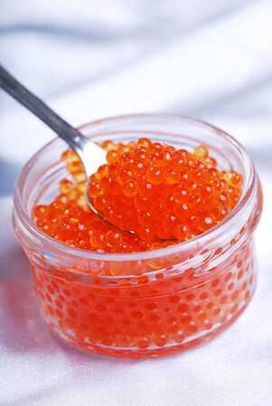Red caviar in spoonの写真素材