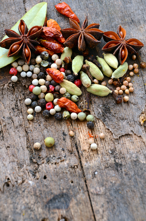 Herbs and spices selection, on wooden table backgroundの写真素材