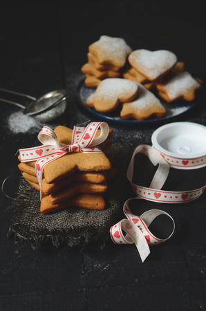 Traditional homemade christmas cookies on wooden tableの写真素材