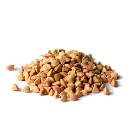 Uncooked buckwheat seeds close up shotの写真素材