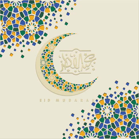 Greeting card for Ed Mubarak calligraphy with crescent moon and islamic ornament with texture backgroundのイラスト素材