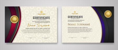Certificate template with luxury badge and elegance modern pattern background. for appreciation, achievements, award, business, and education needs. vector illustrationのイラスト素材