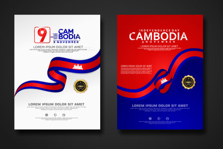 Set poster design Cambodia Independence Day background template with elegant ribbon-shaped flag, gold circle ribbon. vector illustrationのイラスト素材