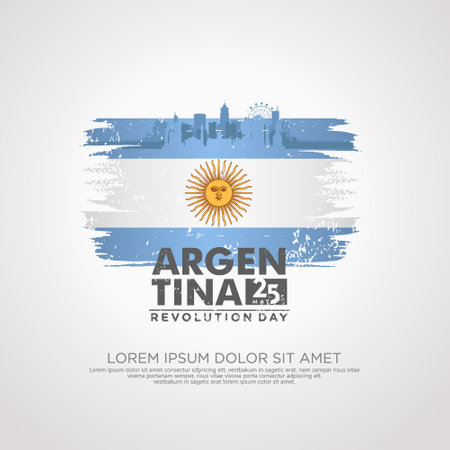 Argentina Revolution day greeting card, with grunge and splash effect on flag as a symbol of revolution and silhouette city. vector illustrationのイラスト素材