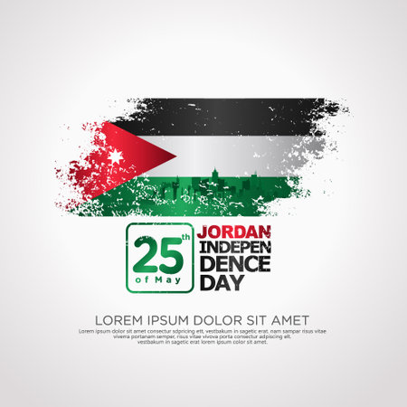 Jordan independence day greeting card with grunge and splash effect on flag as a symbol of independence and silhouette city. vector illustrationのイラスト素材