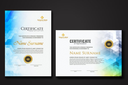 Set modern certificate template with gradation colorful polygon shape ornament on background texture. vector illustrationのイラスト素材