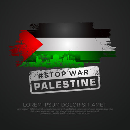 Palestinian sympathy campaign greeting card with grunge and splash effect on flag as a symbol of sympathy and silhouette city. vector illustrationのイラスト素材