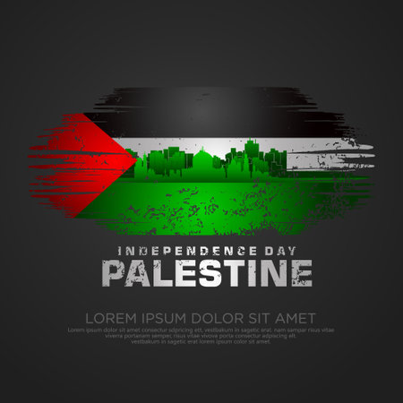 Palestinian sympathy campaign greeting card with grunge and splash effect on flag as a symbol of sympathy and silhouette city. vector illustrationのイラスト素材