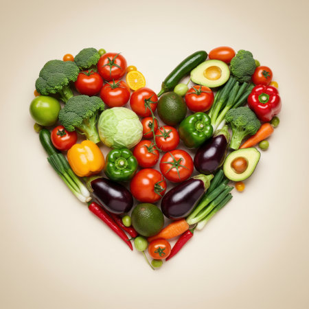 A heart-shaped arrangement of fresh vegetables, symbolizing healthy eating and wellbeing.の素材