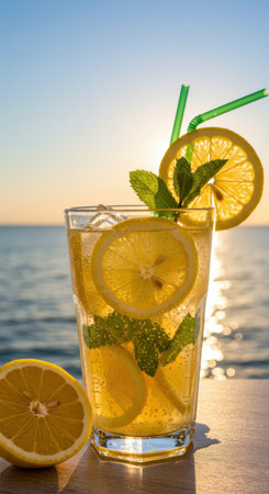 A glass of refreshing lemonade with lemon slices and mint, enjoyed by the sea during a beautiful sunset.の素材