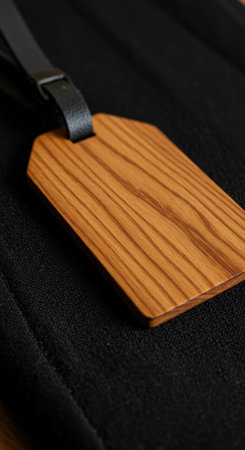 Close-up of a high-quality wooden luggage tag with a sleek leather strap.  Exquisite detail and craftsmanship.の素材