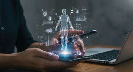 Person uses a smartphone to access health data, showcasing advancements in digital healthcare and technology.の素材