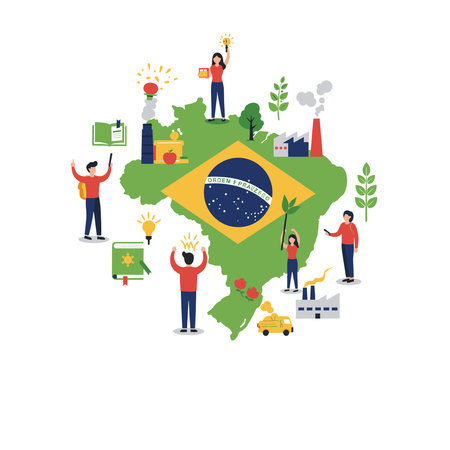 Citizens innovate and build industries around Brazil map with national flag
