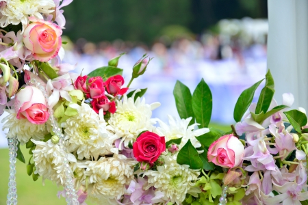 White flowers decorations during outdoor wedding ceremonyの写真素材
