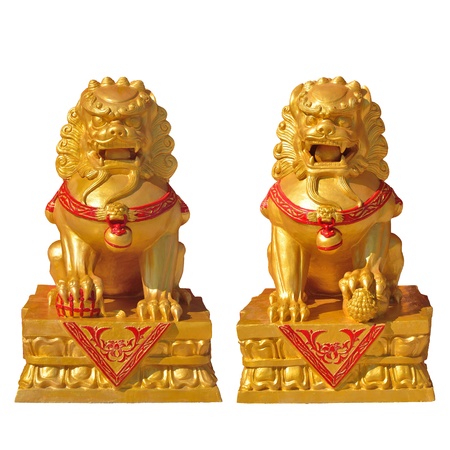 golden lion statue, symbol of protection & power in oriental asia especially chinaの写真素材