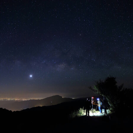 Landscape of Milky Way beautiful sky on Doi Inthanon mountain, Chiang Mai, Thailand の写真素材