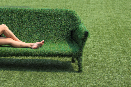 eco style of interior decoration the grass sofa with green grass floorの写真素材