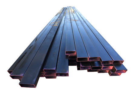 Stack of steel metal pipes isolatedの写真素材