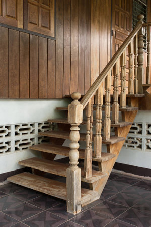 wood staircase, banister carving wooden thai styleの写真素材