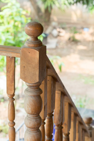 wood staircase, banister carving wooden thai styleの写真素材