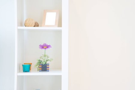 shelves on the white wallの写真素材