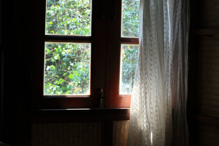 white curtain at the window in morningの写真素材