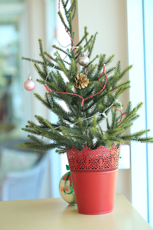 small christmas tree decoration on tableの写真素材