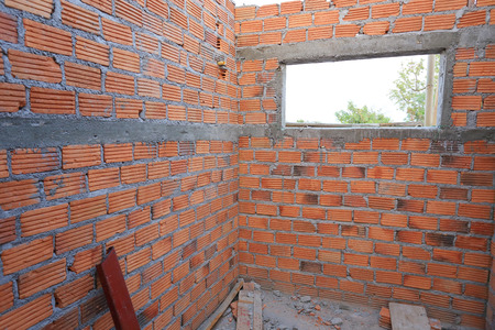 brick wall in residential building construction siteの写真素材
