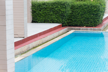 blue swimming pool in green gardenの写真素材