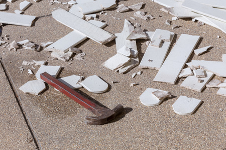 pile of broken damaged wood plankの写真素材