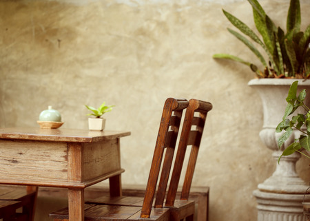 set of wooden table and chair decorated in garden, interior of cafe coffee shop with naturalの写真素材