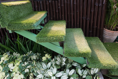 green grass staircase in garden, interior decoration home gardenの写真素材