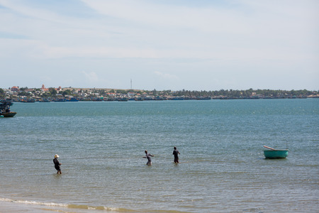 nautical fishing coracles in sea, tribal boats at fishing village in vietnamの写真素材