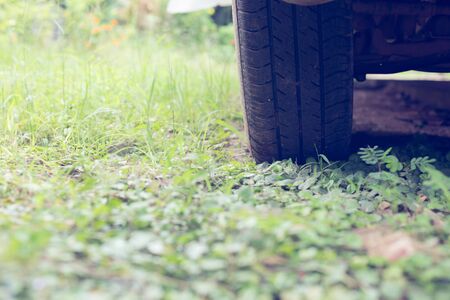 vehicle car tire pick-up driving on green plantの写真素材