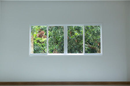 glass window sliding on white wall interior houseの写真素材