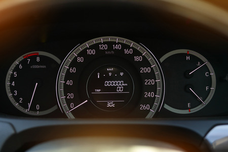 speedometer drive, odometer scale road trip, fuel engine meter in modern vehicle car technologyの写真素材