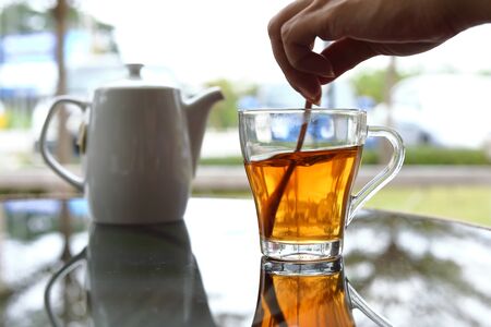 hot tea healthy drink put on table in the morning timeの写真素材