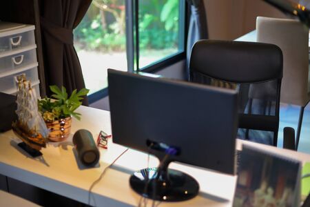seat chair and table work with pc computer inside room of business home office in the morning day