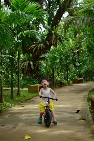 happy cute boy playing balance bike in the park have fun, family outdoor activity of healthyの写真素材
