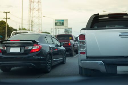 red tail light brake of stop car on road traffic jamの写真素材