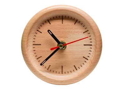 wooden table clock of time, single object isolated on white backgroundの写真素材