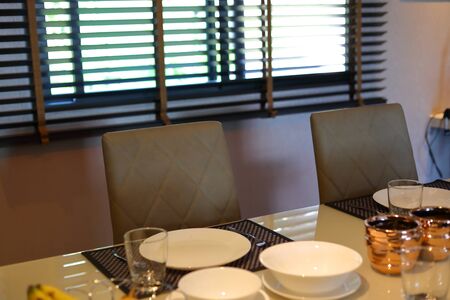 leather chair inside eating room of modern home interiorの写真素材