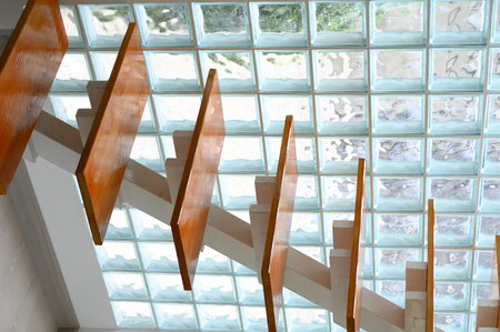 wooden staircase and glass wall, interior designの写真素材