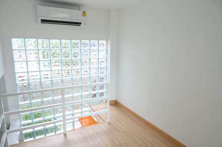 wooden floor and glass block wall, interior designの写真素材