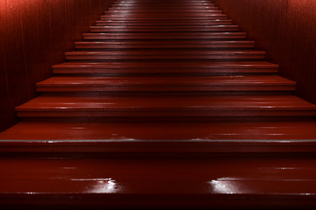 red wood staircase in the night, exterior designの写真素材