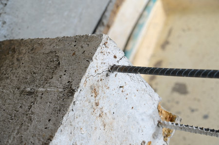 steelbar on cement pole and cement floor, construction industryの写真素材