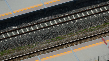 steel railroad in countryside, transportation industryの写真素材