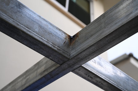 roof built from gray metal steel, construction industryの写真素材