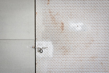 blank grey cement wall and rust steel door with hasp texture background, construction industryの写真素材